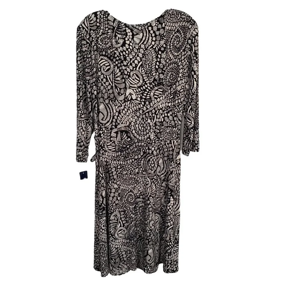 Chaps NWT Size XL Dress Jersey Knit Midi Stretch Faux Wrap Belt Abstract Black - Picture 3 of 12